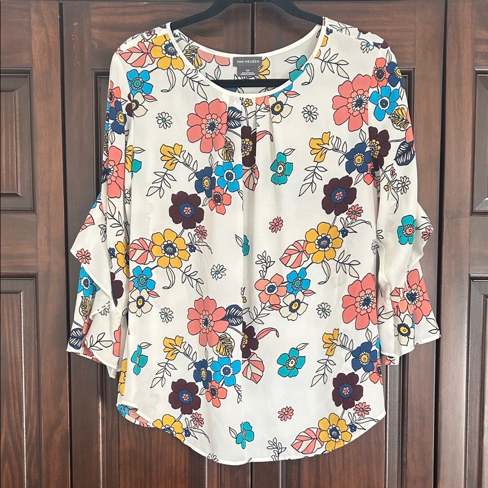 Van Heusen Floral Blouse - White, Blue, Yellow, Pink, Size M